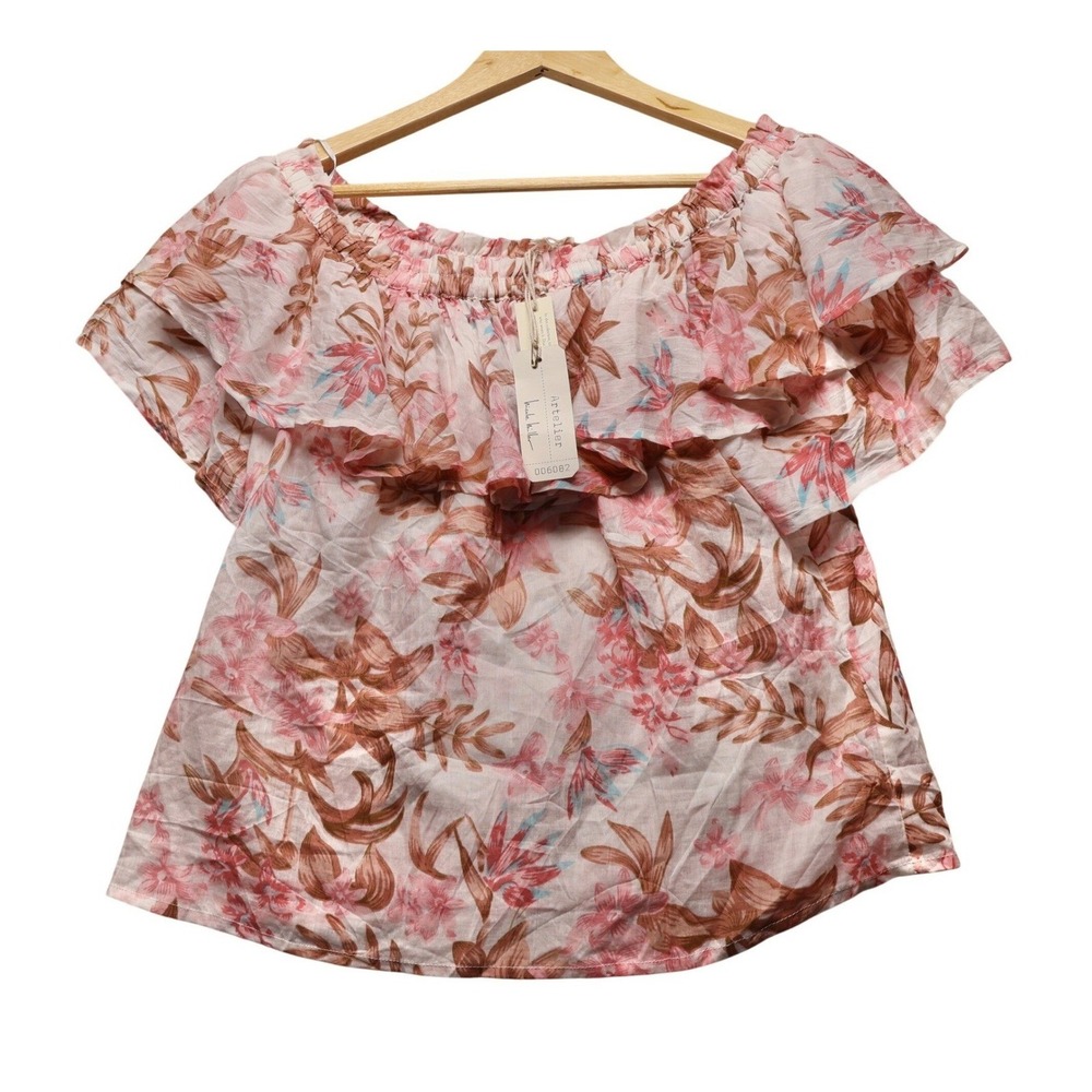 Artelier Nicole Miller Womens Pink Floral Cotton Off The Shoulder Ruffle Top S